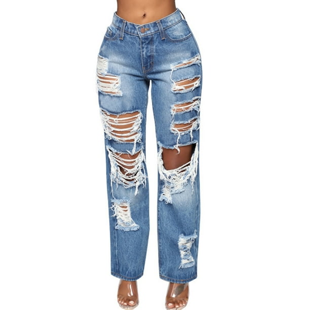 neutrale heerser taxi Women Ripped Jeans Denim Pants Distressed Wide Leg Stretch Loose Casual  Trousers - Walmart.com