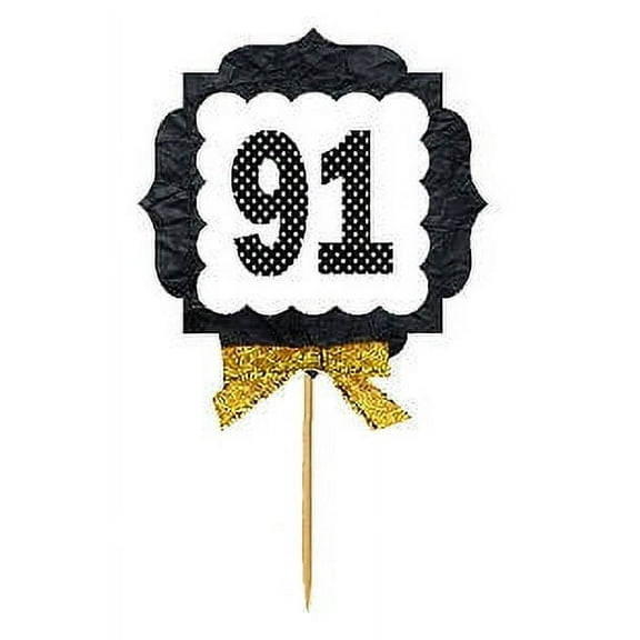 91st Birthday / Anniversary Gold Ribbon Hand Crafted Novelty Cupcake Decoration Toppers / Picks -12ct