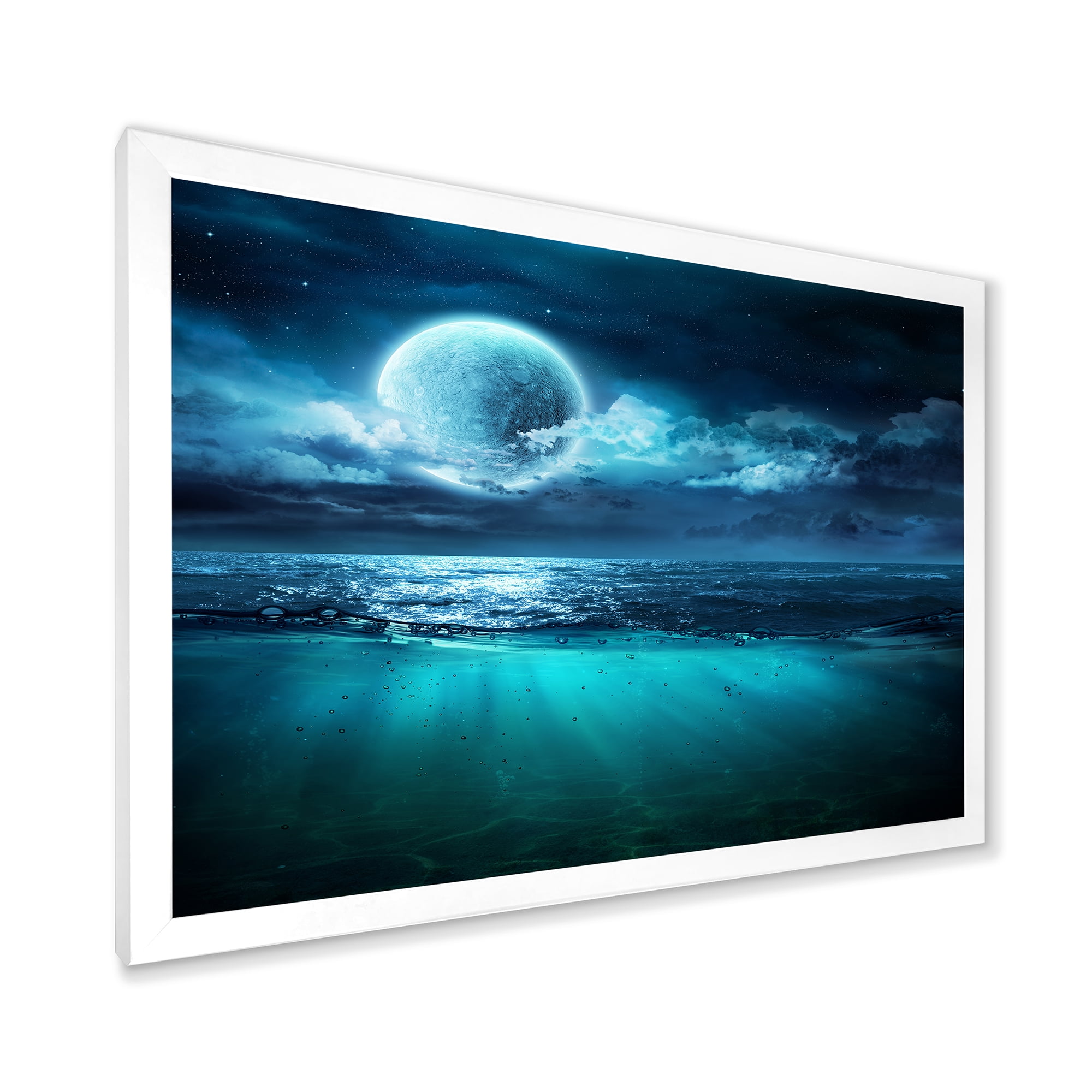Designart 'Romantic Moon and Clouds Over Deep Blue Sea II' Nautical & Coastal Framed Art Print