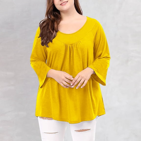 ClodeEU Women's Plus Size Raglan Sleeve Top ,Pleated Round Neck 3/4 Sleeve Loose Fit Blouse Yellow,Womens Plus XL