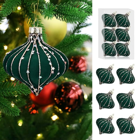 6 Pcs Green Velvet Christmas Balls Ornament, Glitter Christmas Ball Hanging, with Gold Lines Star-Shaped Sequins, Flocked Balls Christmas Ornament for Xmas Tree, Wedding Decor