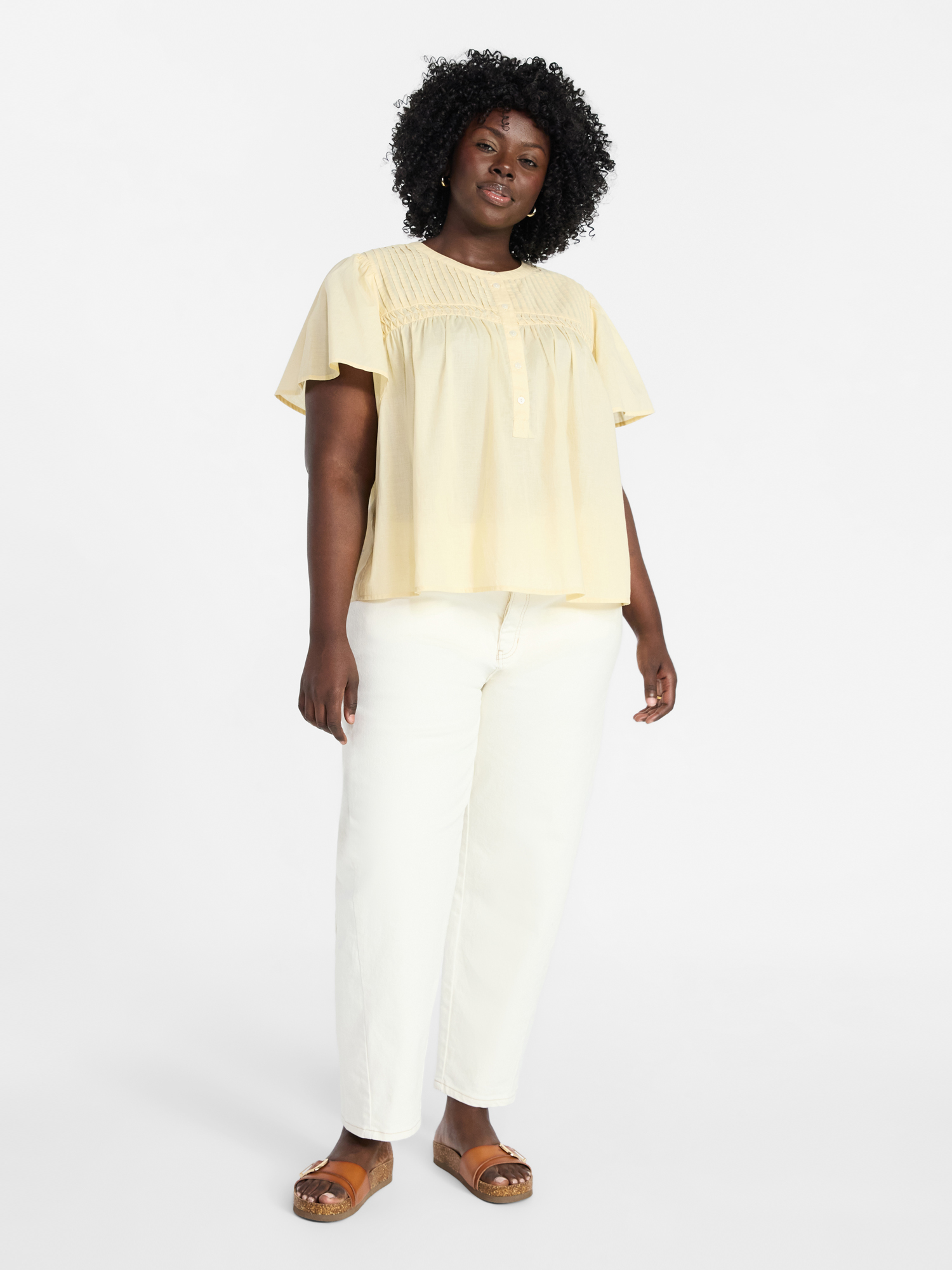 Terra & Sky Women’s Pleated Yoke Top with Short Flutter Sleeves, Sizes 0X-5X