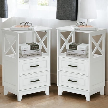 Royalcraft Tall Nightstand Set of 2 Bedside Table with X Shaped Design Wooden Rustic End Table with 2 Large Storage Drawers Cabinet and Large Open Shelf for Bedroom Living Room White