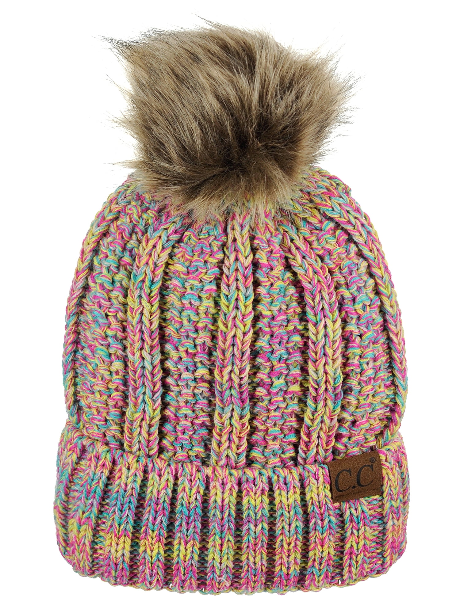 Fuzzy Lined Flecked Fur Pom C.C Beanie