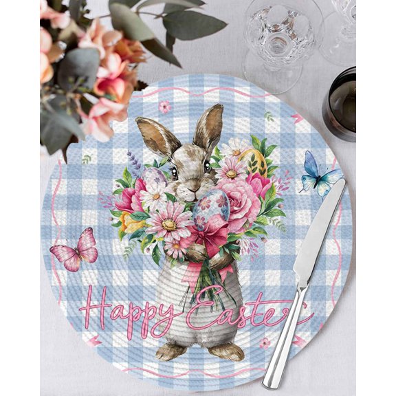 15 Inch Round Placemats Set of 6, Easter Bunny Non Slip Heat Insulation PP Table Mats, Cute Rabbits Spring Daisy Flowers Blue Plaid Washable Place Mats for Kitchen Dining Party Table Decor