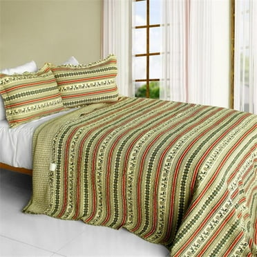 QTS-SJ660-23 A Long Summer - 3 Pieces Cotton Contained Vermicelli-Quilted Patchwork Quilt Set  Full & Queen Size - Green