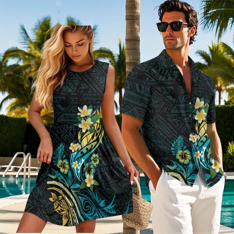 Yuyamidu Matching Outfits for Couples Polynesian Shirt for Men Casual Hibiscus Dress for Women Tank Dresses Matching Beach Outfits for Couples Tropical Beach Vacation Dresses ,Size L