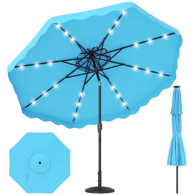 Gymax 9 FT Solar LED Outdoor Umbrella Push-Button Tilt & Crank 24 LED Lights & 8 Ribs Turquoise