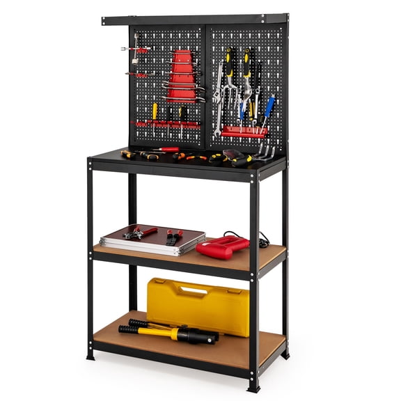 LYYHTY Tool Storage Workbench, 4-Shelf Garage Worktable with Pegboard & Hooks, Heavy-Duty Steel Frame, 220 lbs Top Capacity, Multipurpose Workshop Organizer, Black