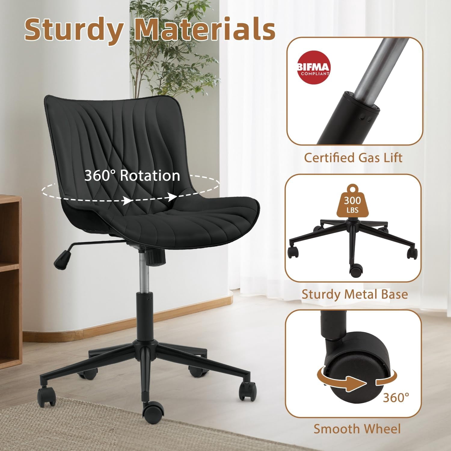 Erinnyees Armless Office Chair, Desk Chair with Wheels, Adjustable and Swivel,Modern Black