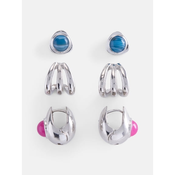 Scenario Women's Silver Tone Earrings with Resin Stones, 3-Piece Set