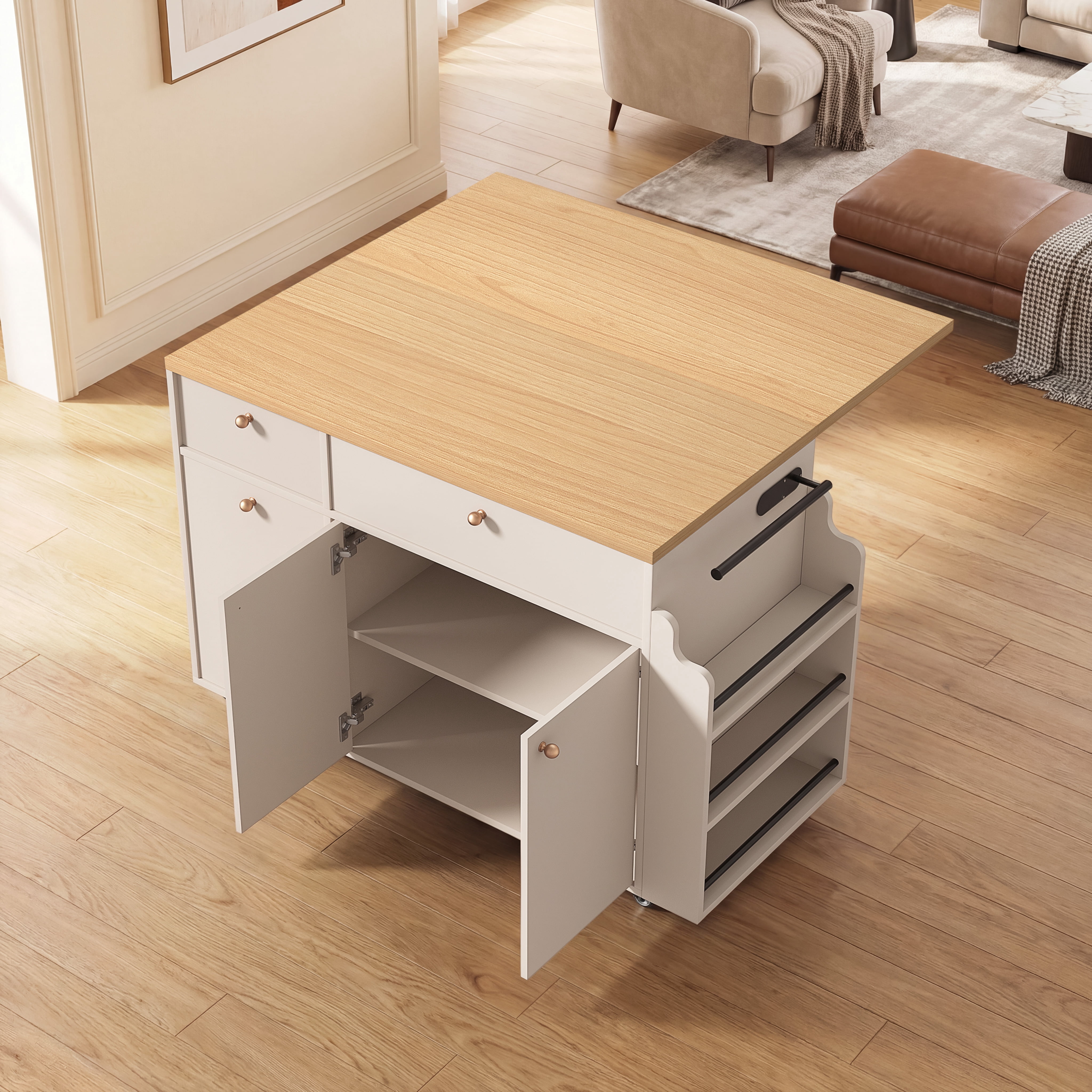Mintazer Kitchen Island with Storage Rolling Kitchen Island Cart with Drop Leaf Extension, Drawers, Spice Rack, Towel Bar, Mobile Kitchen Cart for Kitchen & Dining Room, White