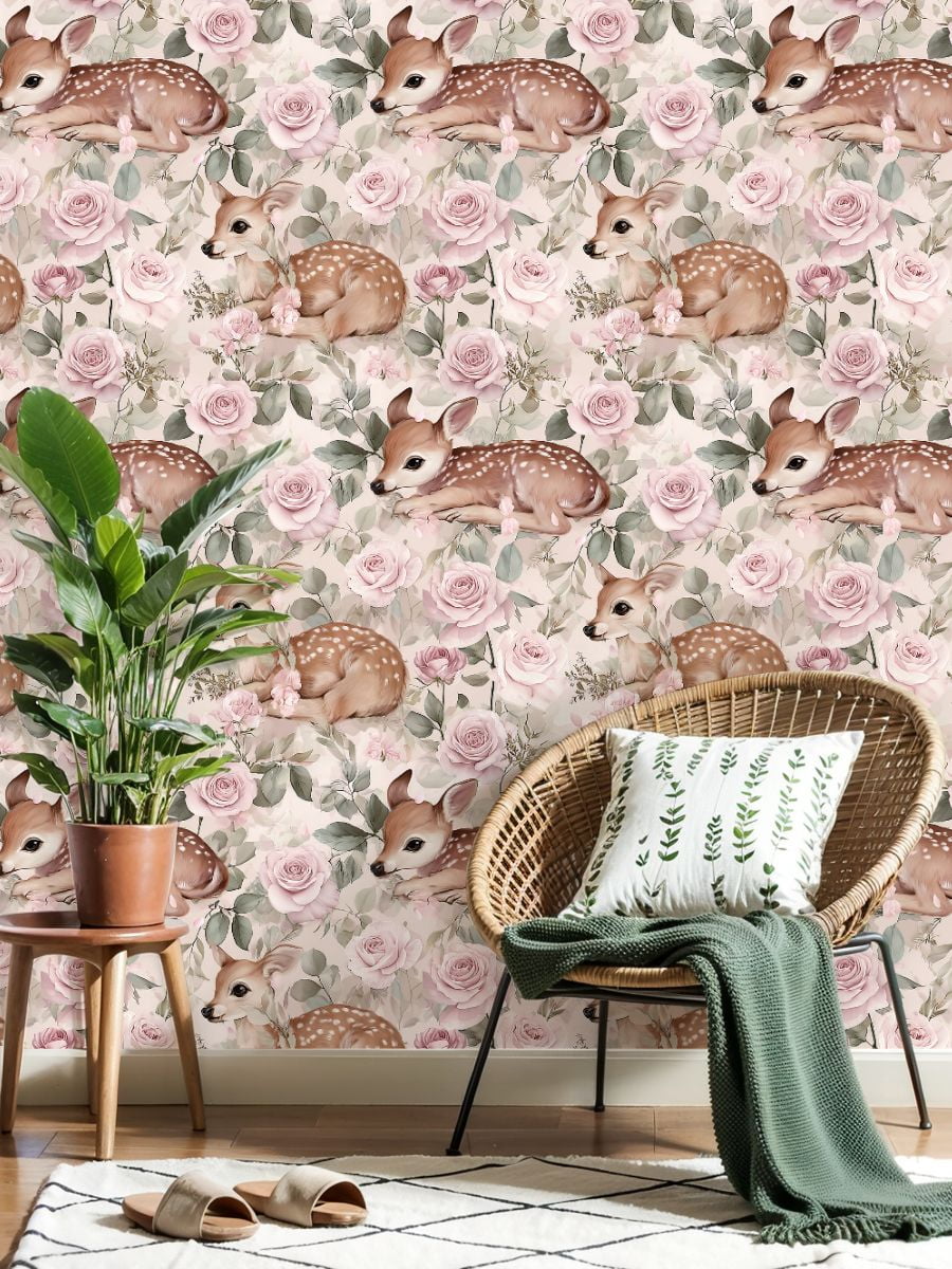 Farmhouse Peel and Stick Wallpaper 23.6in x 9.8ft Baby Deer Fawn Floral Seamless Pastel Pink Contact Paper Vinyl Waterproof Self Adhesive Wall Paper for Bedroom Shelf Cabinet Renter Friendly