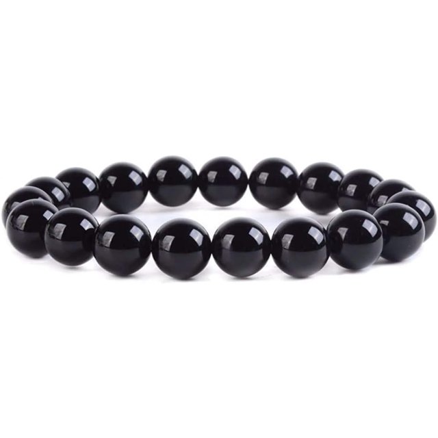Bracelet Extensible en Perles Rondes de 10 mm en Pierre Précieuse d'Agate Noire 6,5 Pouces Unisexe