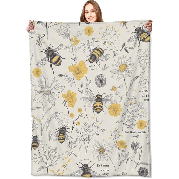 Bee and Wildflower Blanket,50x60in,Inspirational Quotes Flower Throw Blankets,Gifts for Kids Women & Nature Lovers, Lightweight Soft Fleece Cozy,for Sofa Couch Bed Room Travel Decor