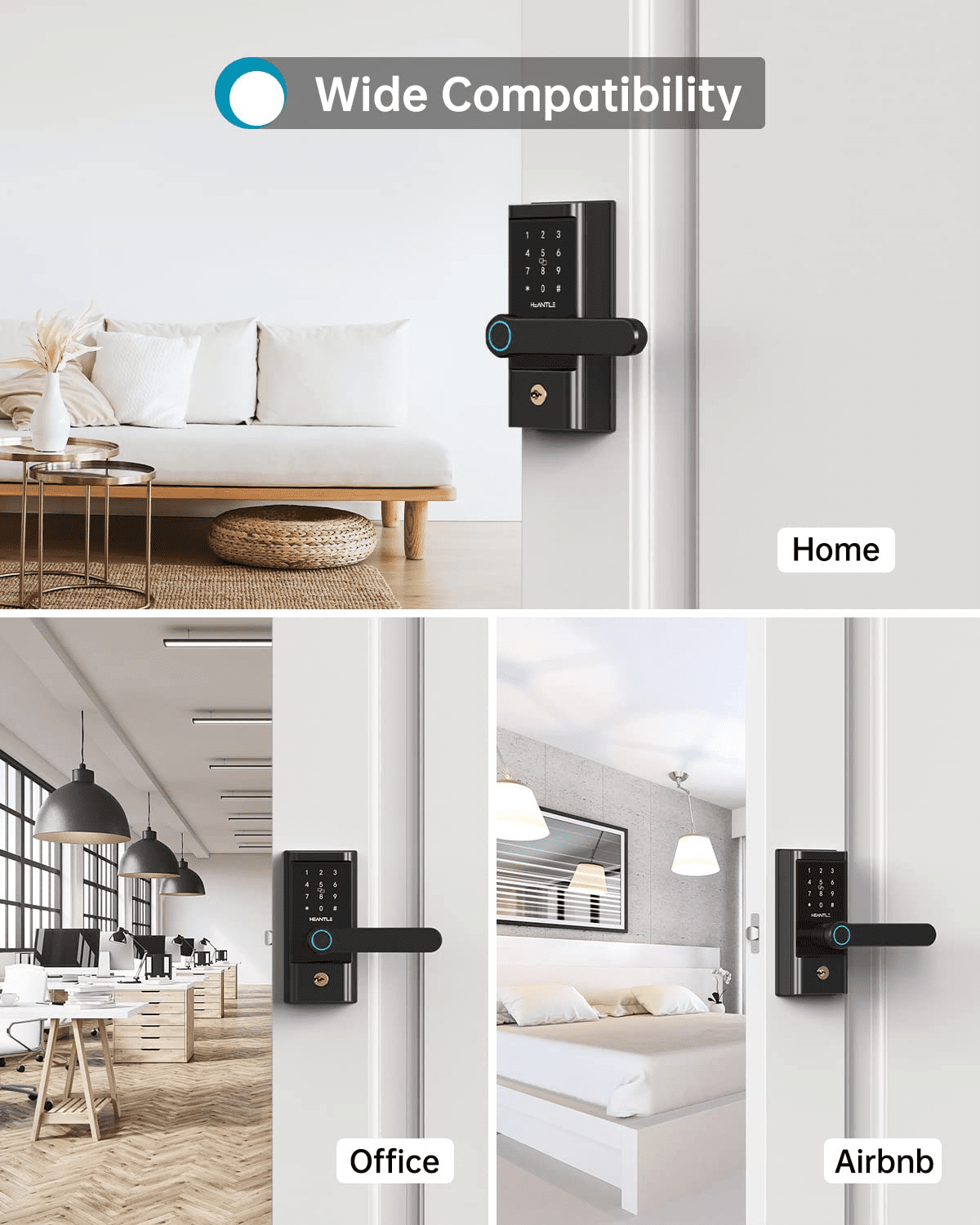 Smart Lock, HEANTLE Keyless Entry Door Lock, Smart Door Lock for Front Door, Door Lock with Handle, Fingerprint Door Lock, Google Smart Lock, Free App, IC Card, Code, Easy Installation (Black)