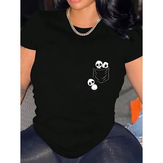 Camiseta con estampado de panda de bolsillo para mujer: informal y deportiva, cuello redondo, manga corta, cómoda camiseta de verano de mezcla de algodón con estampado animal abstracto, ideal para pra