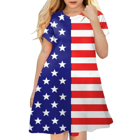 

BSDHBS Girls Dresses Kids Toddler Baby Girls Spring Summer Print Short Sleeve Active Fashion Daily Indoor Outdoor American Independence Day Princess Dress