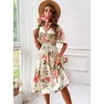 thumbnail image 4 of Floral Print Women's Spring Summer Dress - V-Neck Wrap, Waist-Gathered Midi, Romantic Elegant Vacation Style, 4 of 6