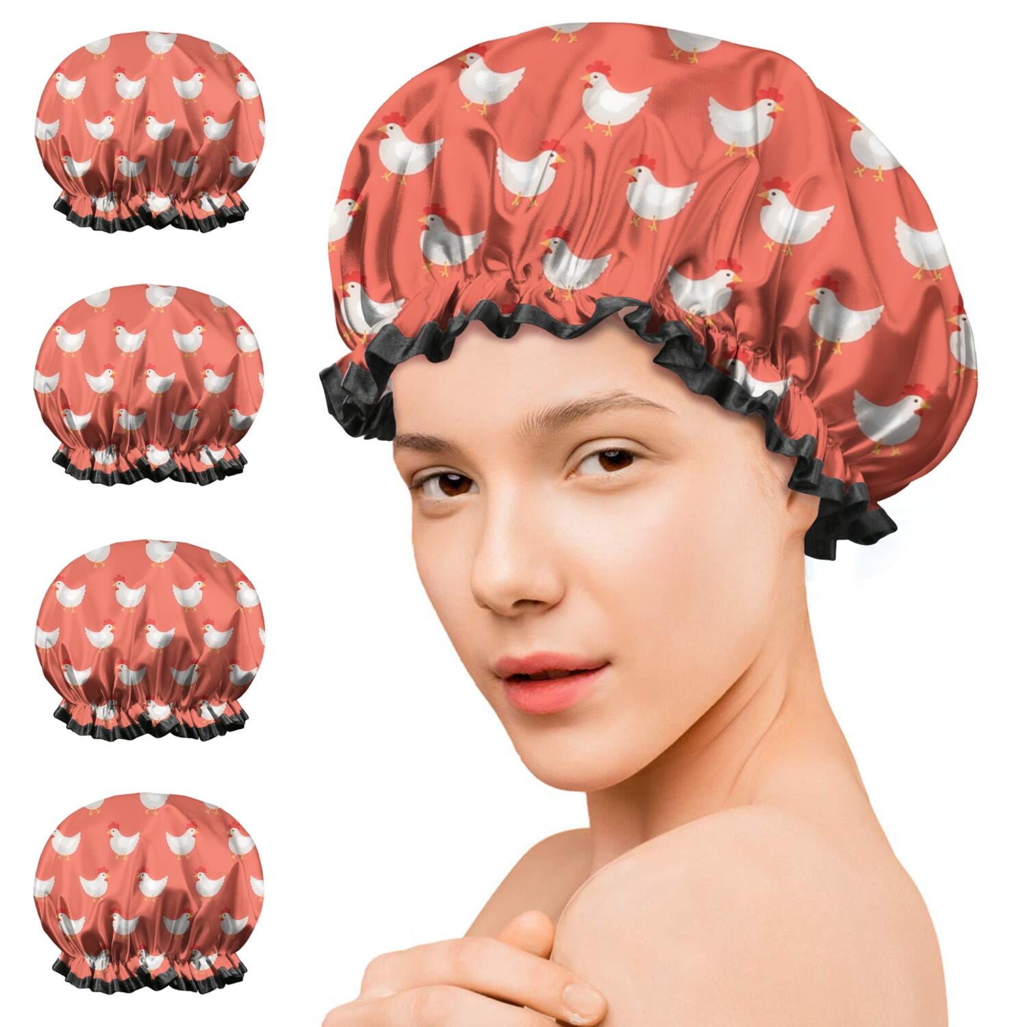 Shower Caps,Red Chicken Pattern Waterproof Shower Cap for Women 4 Pieces,Double Reusable Hair Cover for Shower PEVA Elastic Stretch Hem