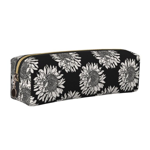Easygdp White Sunflowers para Estuche de Lápices de Cuero, Estuche de Papelería de Cuero, Estuche de Gran Capacidad con Cremallera
