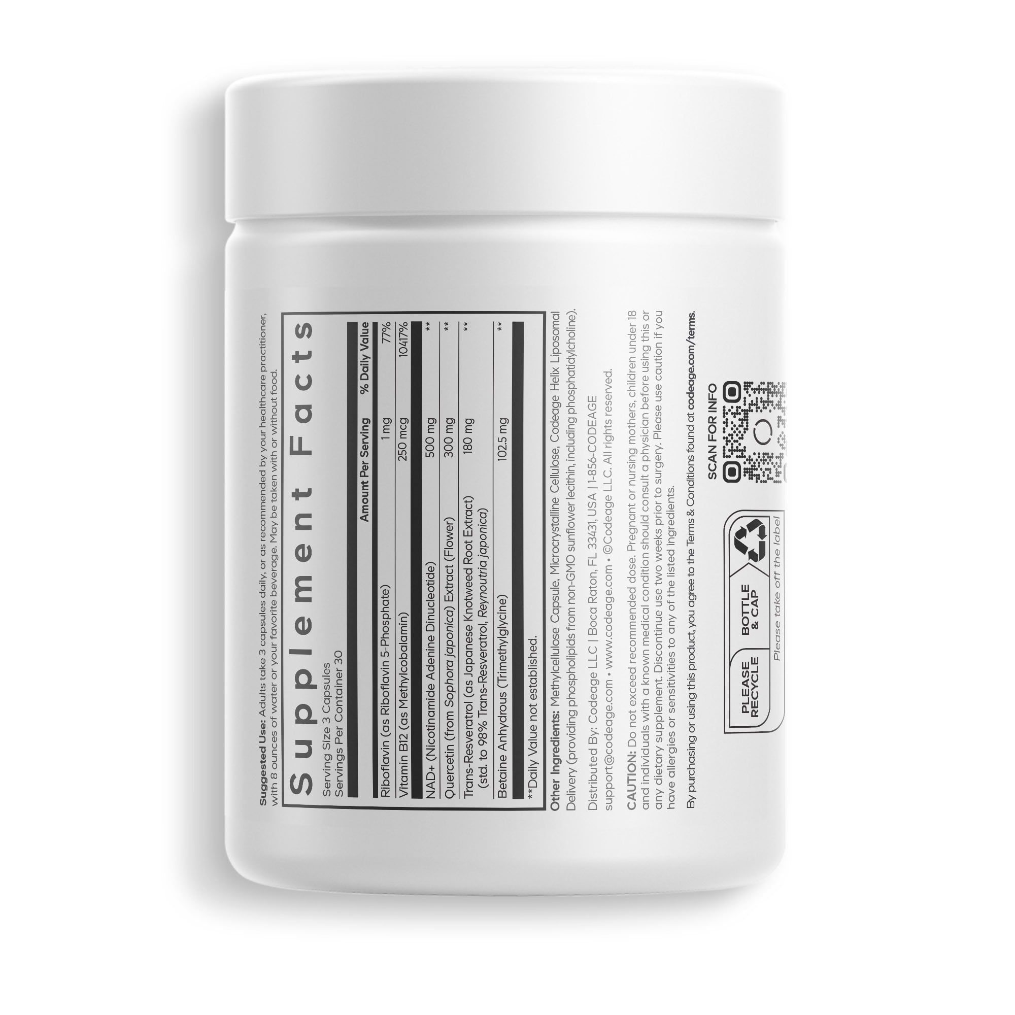 Codeage Liposomal NAD+ Ultra, Trans-Resveratrol, Quercetin, Betaine, Riboflavin, Vitamin B12, 90 ct