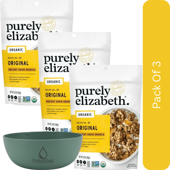 Purely Elizabeth Organic Ancient Grain Granola, Original, 10 oz Bag-3pk, With Olive Green Bowl By ValueNest