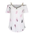 thumbnail image 4 of USSUMA Womens Tops Dressy Casual Summer Summer Tops for Womens V Neck Short Sleeves Zipper Tees Hollow Out Cold Shoulder Tunic Feather Printed T Shirts, 4 of 8