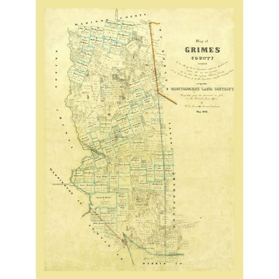Historic County Map - Grimes County Texas - General Land Office 1858 - Vintage Wall Art