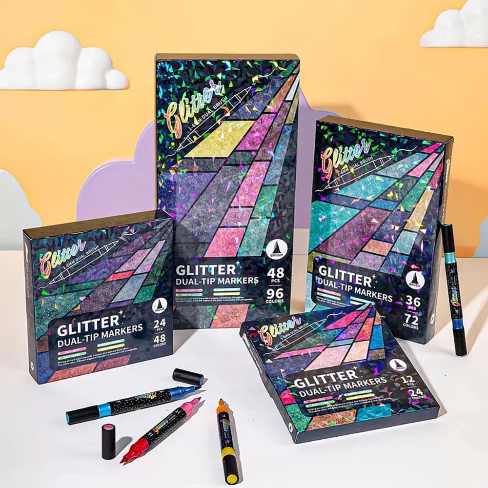Glitter Brush Markers, Dual Tip Brush Glitter Marker for Doodle Writing, Glitter Art Crafts Adults DIY Crafts Greeting Birthday Cards Making