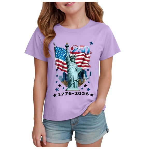 Ccpelsie Girls and Boys Summer Tees 4th of July 250 Years America Independence Day Kids T-Shirt for Summer Casual(Light Purple,1-2 Years)