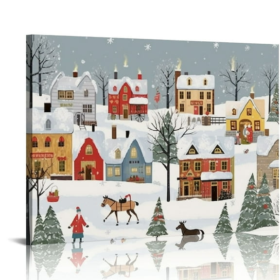 COMIO Christmas Village II Day Canvas Wall Art Print, Santa and Reindeer in Holiday Home Decor Artwork