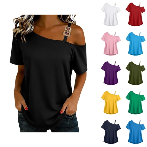 Asxite Womens Tops Short Sleeve Solid Color Off Shoulder Loose and Breathable Casual Blouse