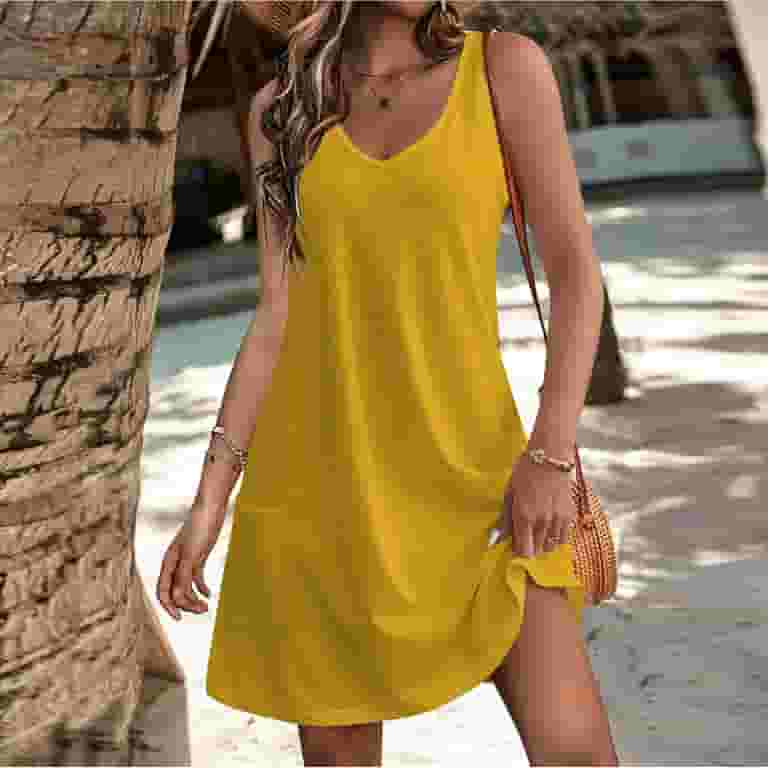 スーパーセール Casual Women for Dresses Yellow TQWQT Sundress Pockets with Clothing