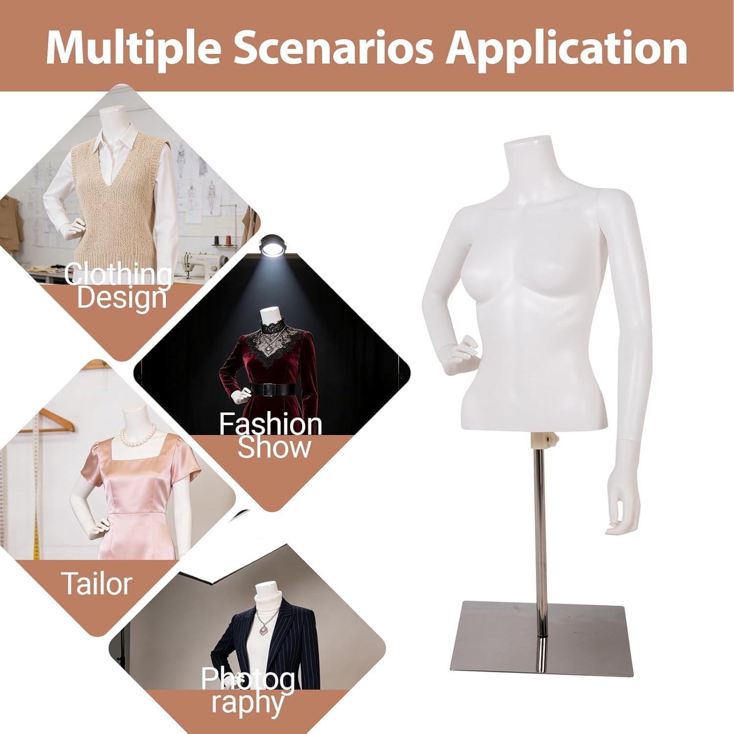 Kinbor White Half Body Female Mannequin - Elegant Female Mannequin with Stable Base, Manne quin Dress Form Display, Detachable Manikins (Upper-Body)
