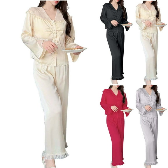 Miluxas Pajamas for Women Set Silk 2 Piece Satin Sleepwear Long Sleeve Button Down Lounge Sets with Pants Wine XL(XL)