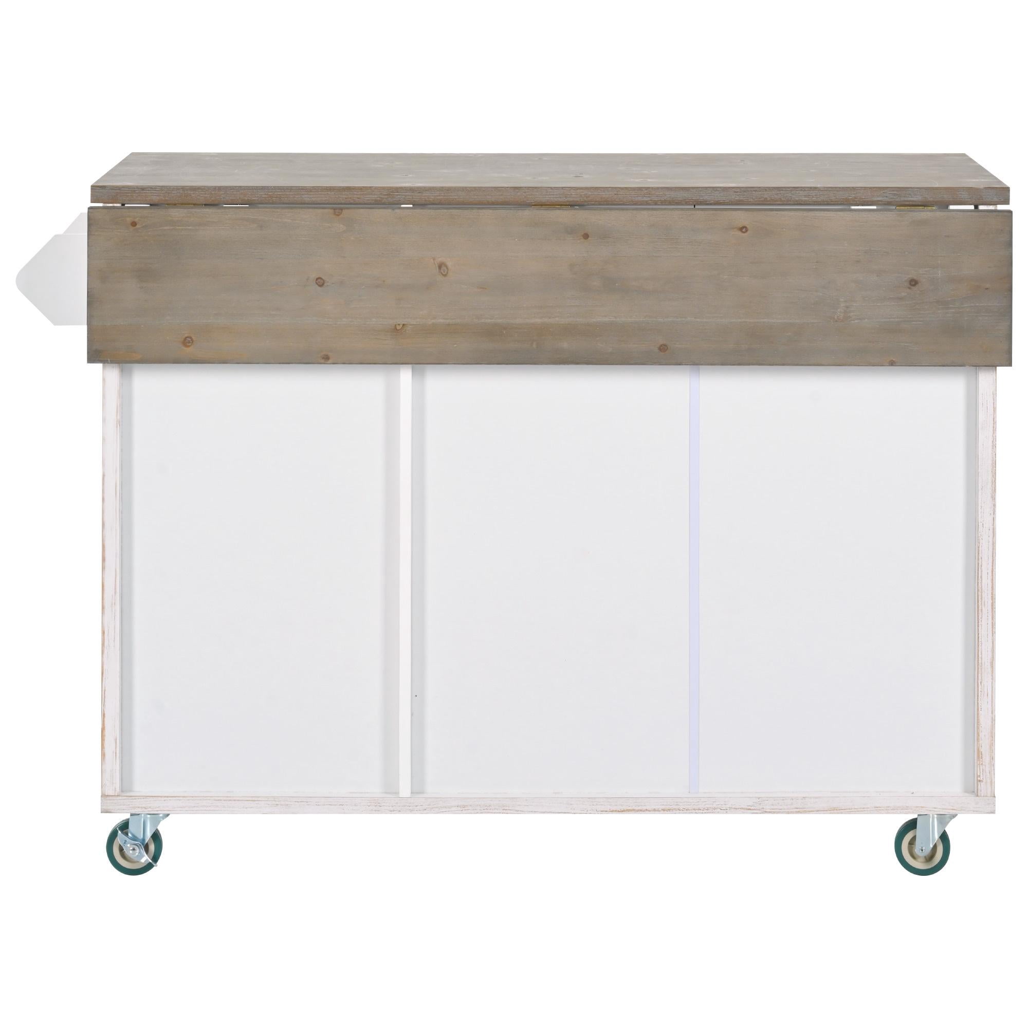 PORKISS Kitchen Island with Storage, Wooden Classical Storage Cart on Wheels with Drop Leaf for Living Room, Kitchen, Dining Room, Mountain Grain White