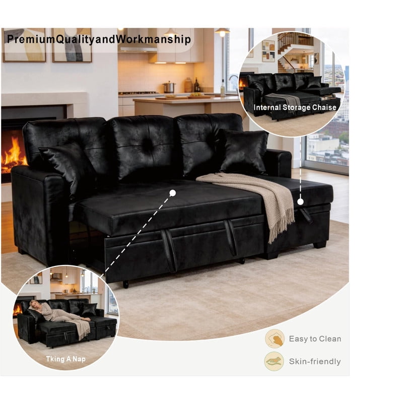 L-Shaped Sectional Sofa with Pull-Out Bed and Reversible Chaise, Convertible Sleeper Sofa Bed Modern Couch Bed for Living Room Apartment