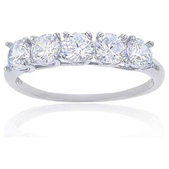 Decadence Sterling Silver Rhodium 4mm Round Cut 5 Stone Cubic Zirconia Anniversary Band Ring