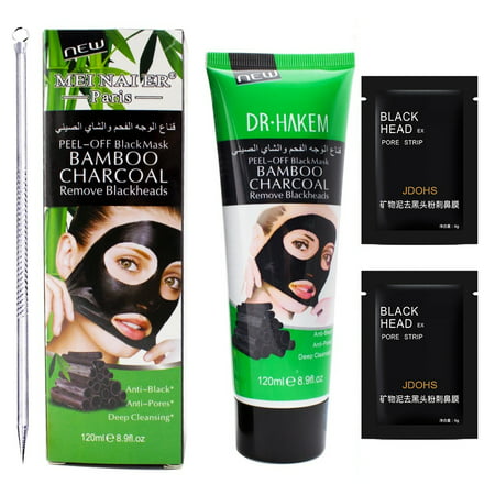 Black Mask (1 Blackhead Remover Mask+1 Extractor Tool+2 Pore Strips) Great Deep Cleansing Purifying Charcoal Peel Off Face Mask for Blackheads,Pimples,Clogged Pores,Whitehead,Blemish,Acne