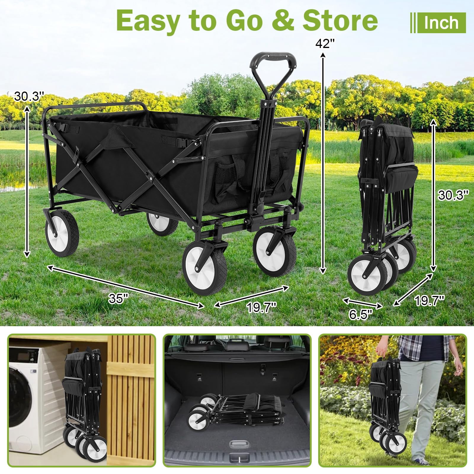 Collapsible Wagon Cart Folding Wagon Garden Cart Portable Beach Wagon with Wheels & Adjustable Handle for Garden Sport Shopping Beach Trip, Black