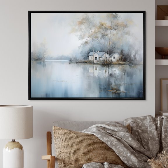 Designart "Serenity By The Lakeside House" Lakes Lakehouse Floater Framed Wall Art Prints