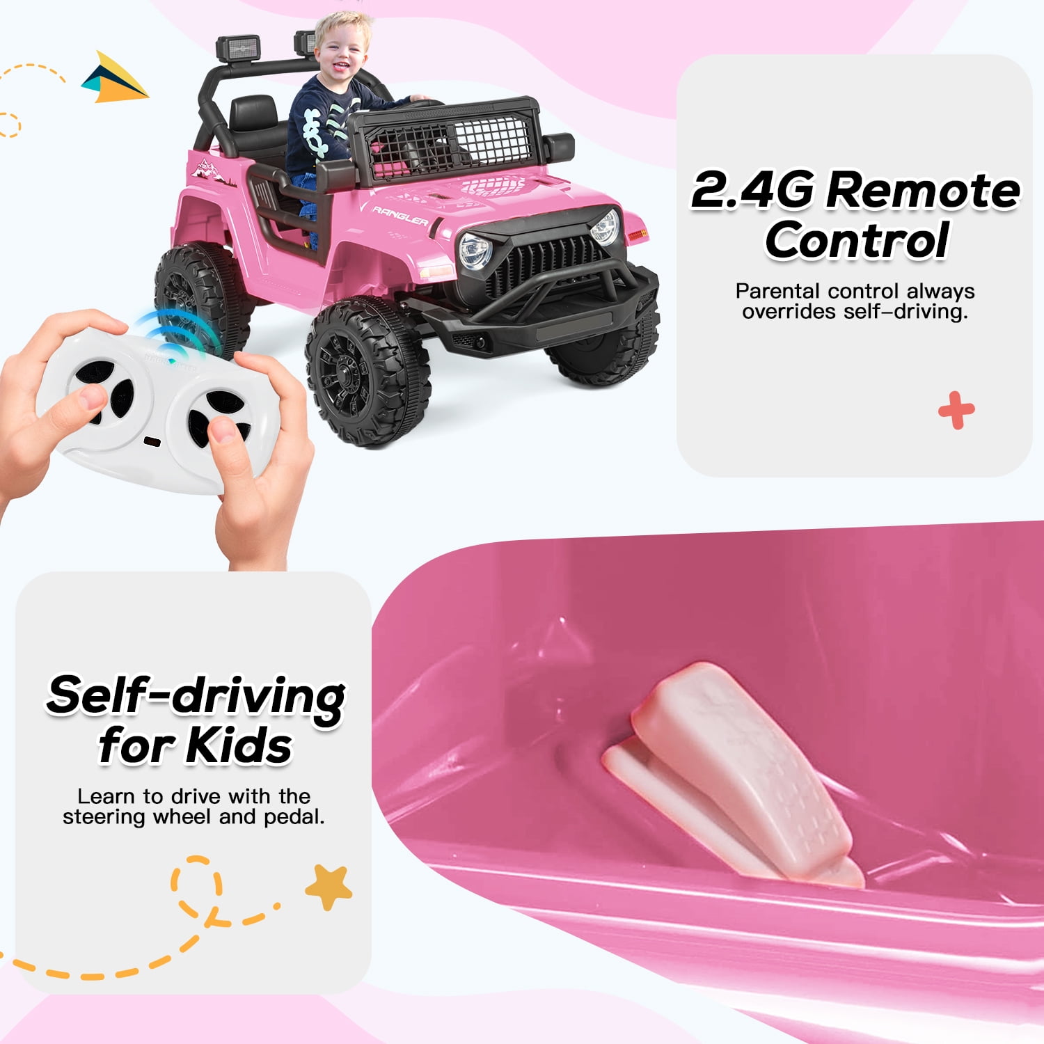 Erinnyees Ride on Jeep Car 12V Kids Electric Vehicles with Parent Remote Control, Safety Belt,Forward and Reverse Functions,Battery Powered,Spring Suspension,Music and Lights-Pink