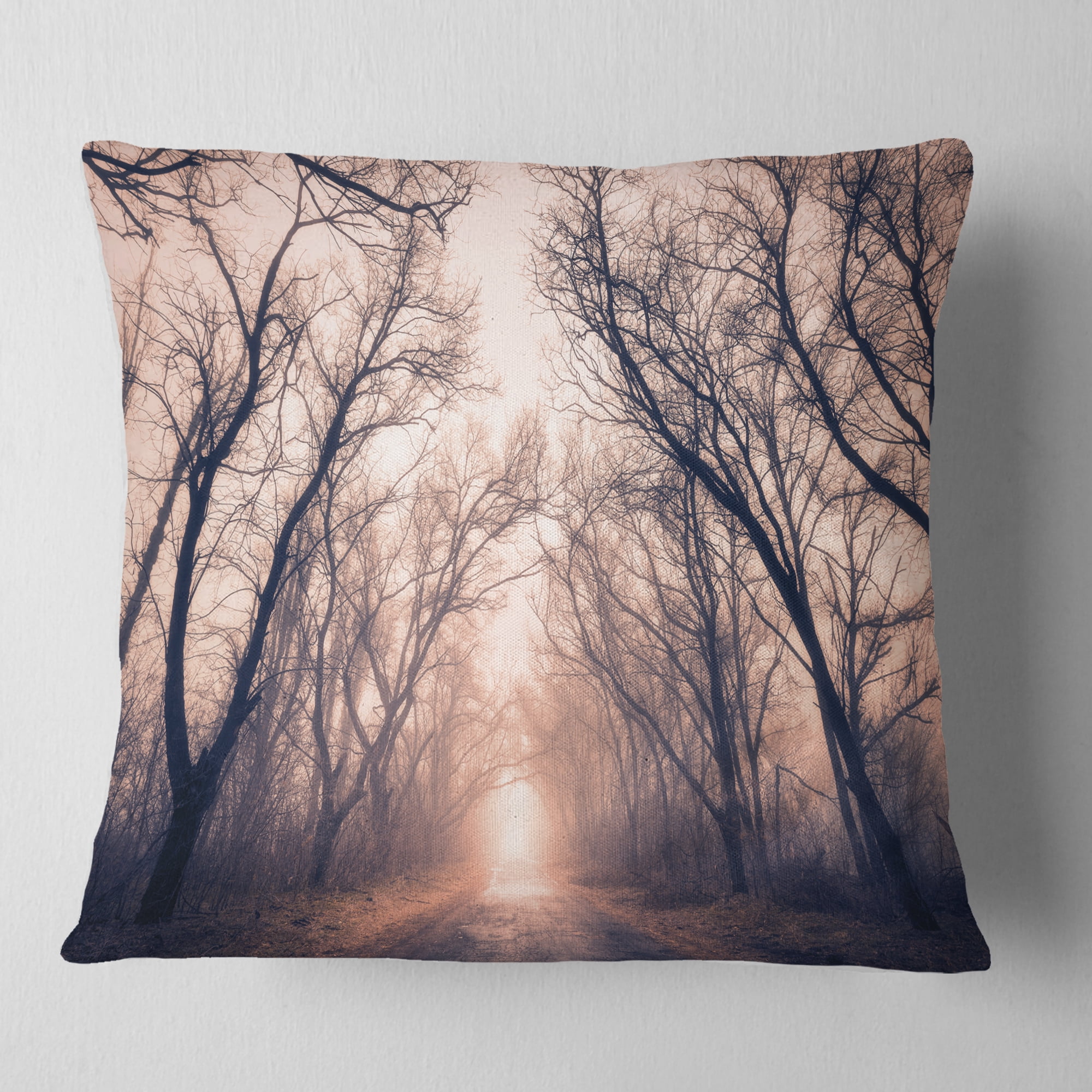 Designart Road Through Mystical Dark Forest - Landscape Photography Throw Pillow - 18x18
