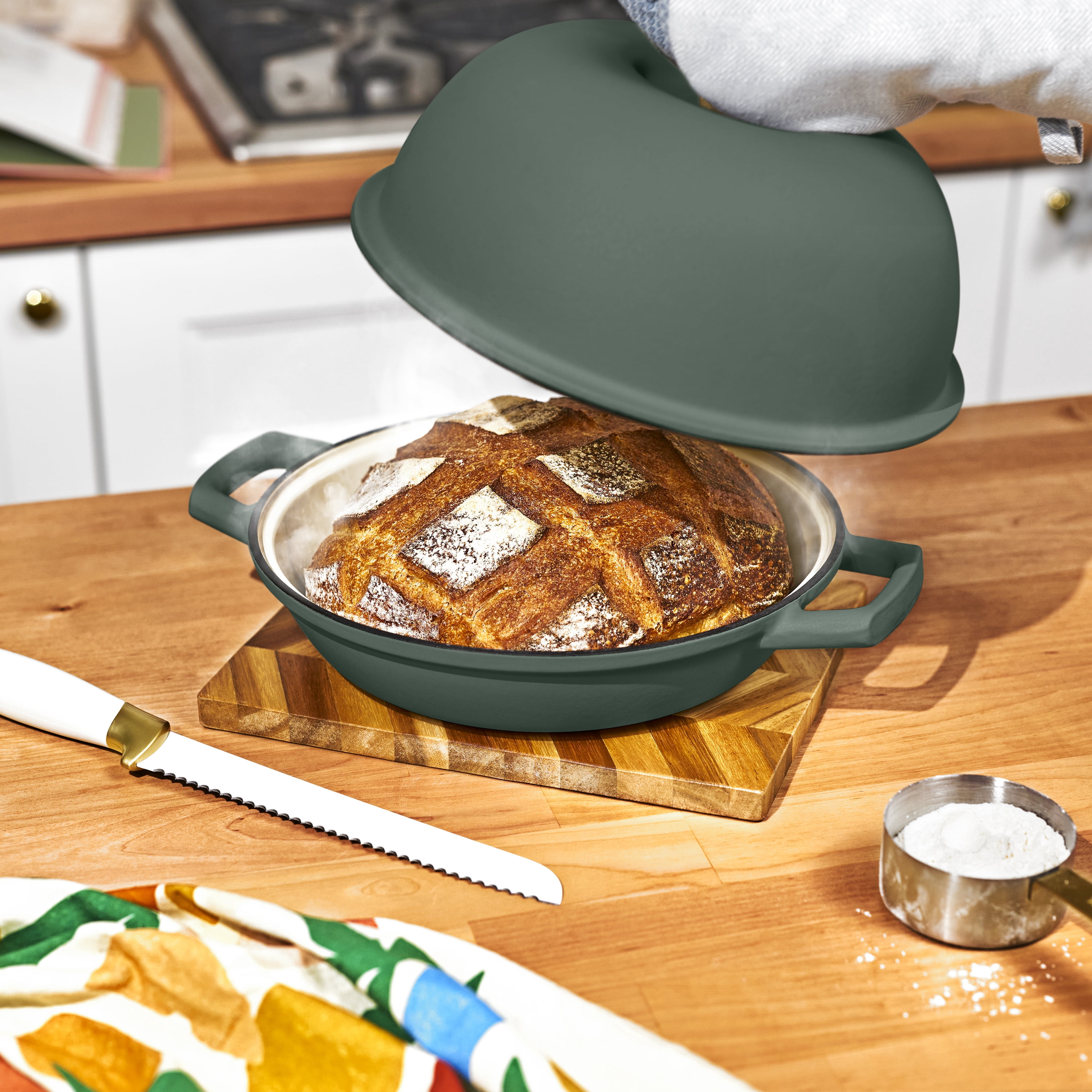 Beautiful Enameled Cast Iron Bread Oven by Drew Barrymore, 10 in, Round, 5 qt, Thyme Green