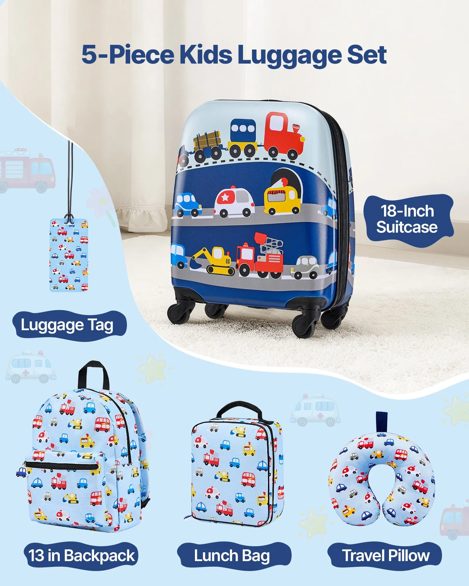 18” 5-Piece Kids Carry-On Luggage Set, Airline Approved, with Backpack Pillow Lunch Bag Luggage Tag