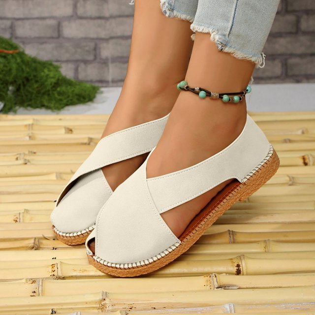 Gspmoly Chaussures Plates pour Femmes, Chaussures Plates pour Femmes Mode Décontractée Été Nouveau Style Couleur Unie Extérieur Talon Style Rétro Français Semelle Plate Creusée Sandales de Plage Chaussures Plates Femmes Habillées Confortables Blanc 42