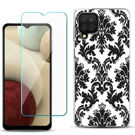 Slim-Fit Shockproof Phone Case compatible with Samsung Galaxy A12, with Tempered Glass Screen Protector, by OneToughShield ® - Victorian White/Black