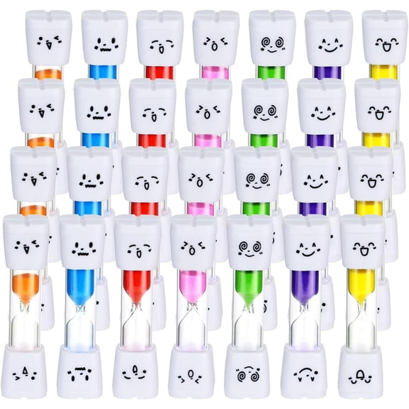 CUGBO 28Pcs Brushing Teeth Timer Set, 7 Colors Colorful Hourglass Sand Clock,2mins Cute Smile Face Sand Timer for Games Classroom Home Office,Smiling Toothbrush Timer for Kitchen Cooking, Decoration