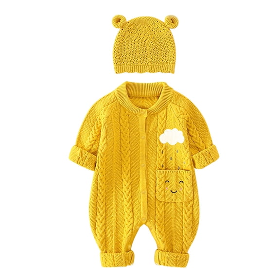 EnJoCho Baby Cotton Knit 𝖱omper Long Sleeve Sweater Jumpsuit Hat Set Baby Winter Outfit Warm Unisex Plain Clothes Bodysuit